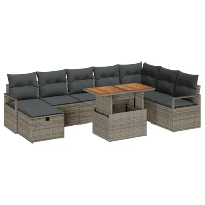 Afbeelding van vidaXL 9 delige tuinbankset met kussens grijs poly rattan, 2 zits tuinbank rattan
