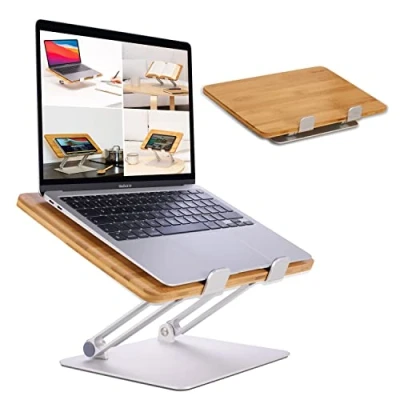 Afbeelding van Hennez Laptophouder Laptop Stand Hoogte Verstelbaar Opvouwbaar Stabiel Ipad Rechthoekig Aluminium Bamboe Notebook