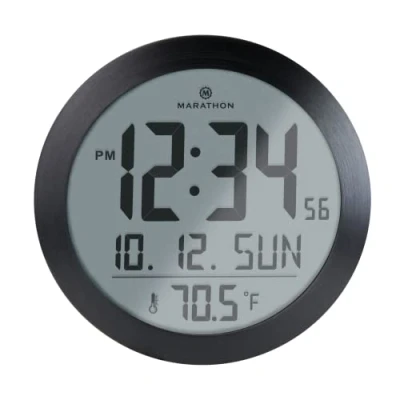 Afbeelding van Marathon Miami Digitale wandklok, rond, stil, geïntegreerde thermometer, wandbevestiging of bureauhouder, groot kalenderdisplay, grote cijfers, zwart, batterijen inbegrepen