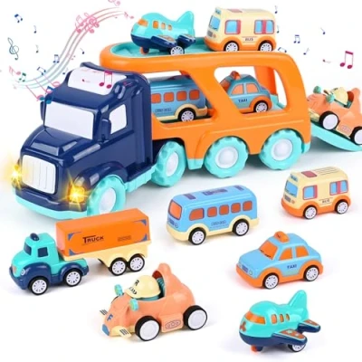 Afbeelding van Weinsamkeit 7 in 1 speelgoedvrachtwagen voor kinderen met geluiden en verlichting, vrachtwagenmachines kinderen, 6 mini auto&#039;s, vrachtwagen, auto, speelgoed, cadeau jongens,