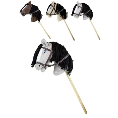 Afbeelding van RL24 Hobby Horse Cheval à baiser avec mors de jeu en peluche bâton bois et crinière longue sans poignées ni roulettes Chevaux Gris