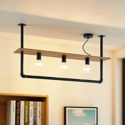 Afbeelding van Lindby plafondlamp 3lichts Ijzer, dennenhout H: 62.5 cm E27 zwart, donker den