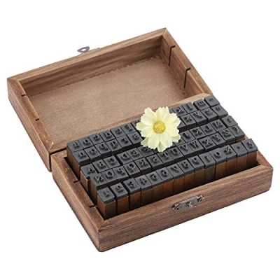 Afbeelding van 70 stuks houten stempels, alfabetbrief rubberen compatibel met papier, stof, kunststof, glas, hout, opbergdoos
