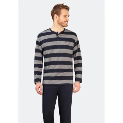 Afbeelding van Blauw grijs gestreepte heren pyjama Hajo Maat 58