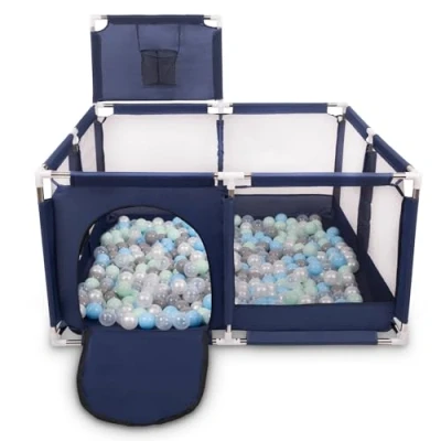 Afbeelding van Selonis kinderbox met mand en 400 ballen, blauw:parelmoer/grijs/transparant/babyblauw/mint