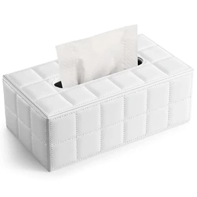 Afbeelding van GORESE Rechthoekige Tissue Box Holder Cover PU lederen gezichtsdoekdispenser voor thuis, badkamer, woonkamer, slaapkamer, eetkamer, kantoor, auto Automotive decoratie (wit)