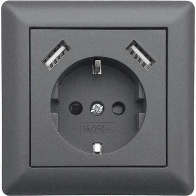 Afbeelding van LEDmaxx USB1003 1 voudig Stopcontact (onderbouw) Met USB, Kinderbeveiliging Antraciet
