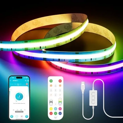Afbeelding van PAUTIX Smart IC COB Ledstrip, USB, 3 m, 5 V, 1800 leds, RGB, adresseerbaar, kleurverandering, werkt voor Alexa/Google Assistant, RF afstandsbediening tv, kerstfeest, decoratie