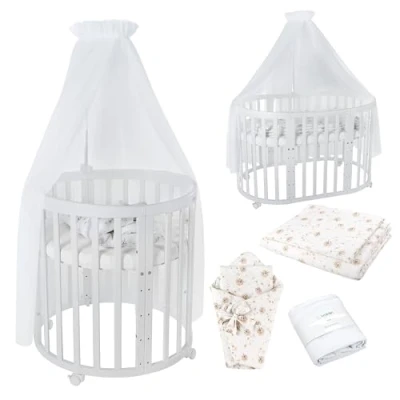Afbeelding van Waldin OWAL Baby Bed 7in1, Lit à Barreaux avec Matelas, Commode Langer, Évolutif Bébé Ovale Matelas et Roulettes, Bois Blanc, Tissus Pissenlit Blanc