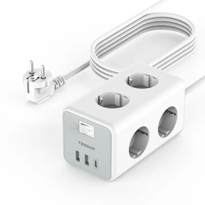 Afbeelding van TESSAN 6 voudige stekkerdoos met 3 USB, verlengkabel 3m, 9 in 1 schakelaar, verdeelstopcontact 3600W 16A, stopcontactkubus USB voor thuiskantoor