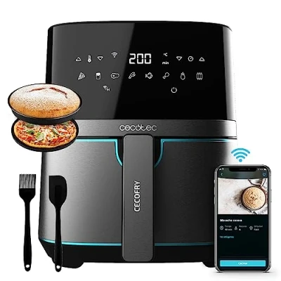 Image de Cecotec Air Fryer sans huile intelligent 5,5 L Cecofry Full InoxBlack 5500 Connected Pack. 1700 W, contrôle et tactile, thermostat réglable, finition en acier inoxydable