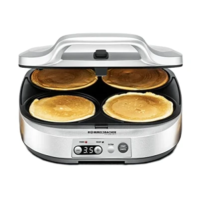 Afbeelding van ROMMELSBACHER Pancake Maker PC 1800, 4 kookplaten Ø 13,5 cm antiaanbaklaag, 15 minuten timer, automatische uitschakeling, 1800 W, zilver