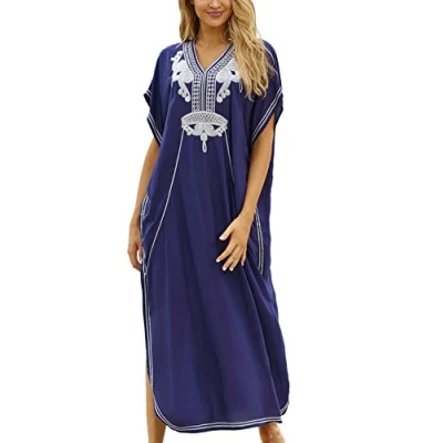 Afbeelding van YouKD Zomer Katoen Geborduurd Bloemen Losse Caftan Boho Strand Bikini Cover up Jurk Plus size Gewaad voor Vrouwen, Donkerblauw 2, one