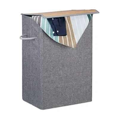Afbeelding van Relaxdays wasmand vouwbaar deksel met klittenband 60 liter waszak 2 hengsels grijs