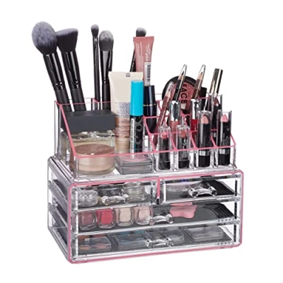 Afbeelding van Relaxdays make up organizer tweedelig cosmetica opbergdoos lippenstift houder Roze strepen