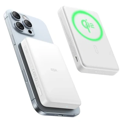 Afbeelding van ESR MagSafe Power Bank Qi2 gecertificeerd, capaciteit 10.000 mAh tot 15 W, snel opladen, led display, ultracompacte draagbare oplader, USB C kabel voor iPhone 16/15/14/13/12, wit