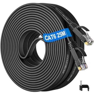 Afbeelding van Ethernet kabel, 25 m, Cat 6, RJ45 plat, lang, high speed vezel, ethernetkabel, Gigabit 1000 Mbps, LAN zwart, compatibel met Cat.5/5e voor PC Switch Router Modem