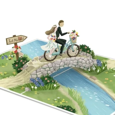 Afbeelding van papercrush® Pop up bruiloftskaart &quot;Bruidspaar op de fiets&quot; Grappige en stijlvolle 3D voor burgerlijk kantoor religieuze bruiloft, geldcadeau huwelijksreis
