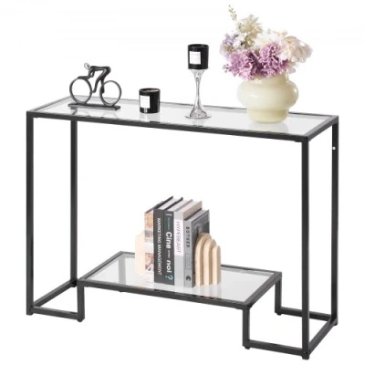 Image de VEVOR Table Console Rectangulaire Bout de Canapé en Verre à 2 Niveaux Noir