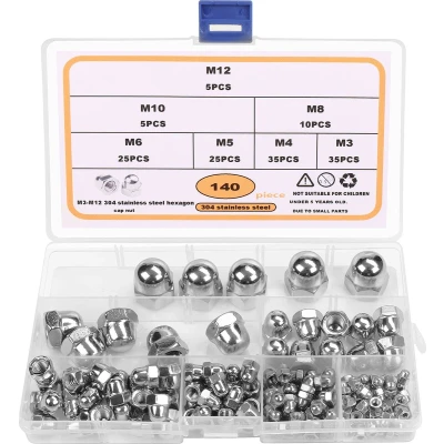 Afbeelding van Belle Vous RVS Eikel Koepeldop Zeskantmoeren (140 Stuks) M3, M4, M5, M6, M8, M10 &amp; M12 Moer Assortiment Kit met Opbergtas Voor Bescherming, Binnen en Buiten Gebruik