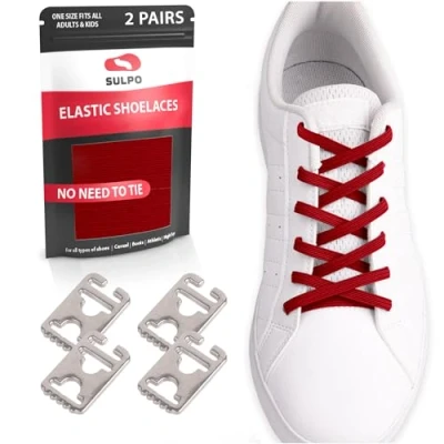 Afbeelding van SULPO 2 paar veters zonder knopen, chique snelvetersysteem, elastische veters, vervangende lussen, voor alle schoenen, Rood