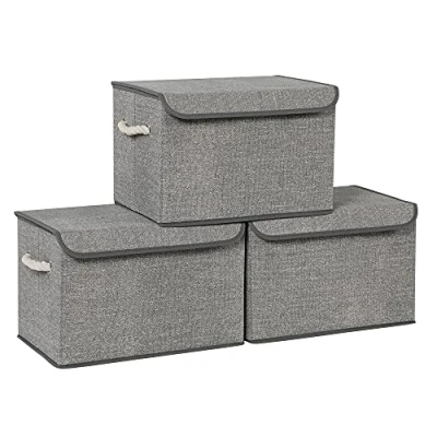 Afbeelding van SONGMICS opbergdozen, set van 3, stoffen dozen met deksel, handgrepen katoen, linnen look, grijs RFB013G02