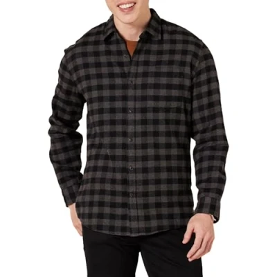 Image de Amazon Essentials Chemise en flanelle à manches longues (grandes tailles disponibles) Homme, Charbon Carreaux Lainés, XXL