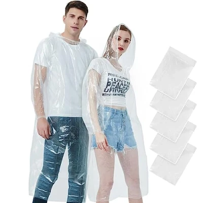 Afbeelding van Vicloon Lot de 5 ponchos pluie jetables, poncho imperméable, transparent, avec capuche, manteau pour homme et femme, festival, activités plein air, bleu