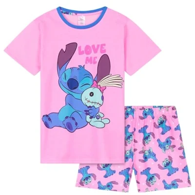 Afbeelding van Disney Stitch Shorts pyjama voor meisjes, zacht, ademend, loungewear set, Roze/Blauw