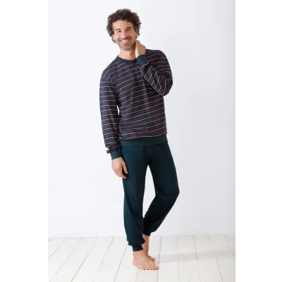 Afbeelding van Hajo heren pyjama Blauw met rode strepen Maat 60