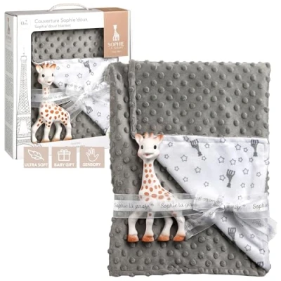 Afbeelding van Sophie de giraf Cadeauset Sophie&#039;doux dekentje &amp; Kraamcadeau Babyshower cadeau Kleedje 91 x 73 cm Machinewasbaar 2 Delig