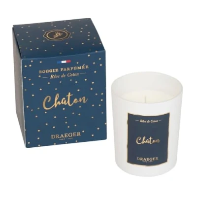 Afbeelding van Draeger Paris Geurkaars, wit, geur Ambre Sacré (amber), Chaton (katje), cadeau voor vriendin, liefde, tederheid, vriendschap, familie, verjaardag, houder van glas, gemaakt in Frankrijk, 100% plantaardige was
