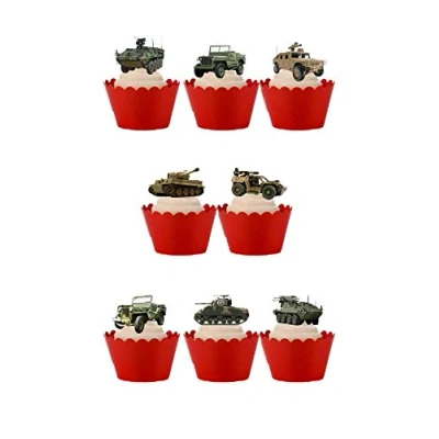 Afbeelding van 18 stuks taartdecoraties van eetbaar papier met het thema militaire leger Jeep