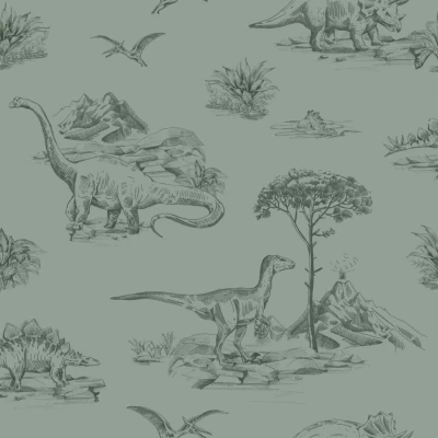 Afbeelding van ESTAhome behang dinosaurussen vergrijsd groen 139358 0,53 x 10,05 m