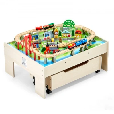 Image de VEVOR Table Circuit Train Bois 100 PCS avec Rail Tiroir Rangement Roulant