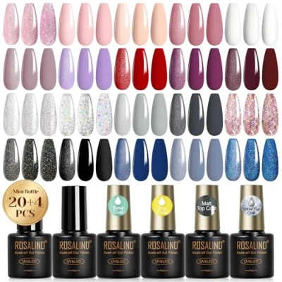 Afbeelding van ROSALIND semi permanente nagellak, 24 stuks, 20 kleuren, paars, rood, grijs, zwart, blauw en basislaag, toplaag, mat glitter, gelnagellak, mini UV/LED, permanent, manicure