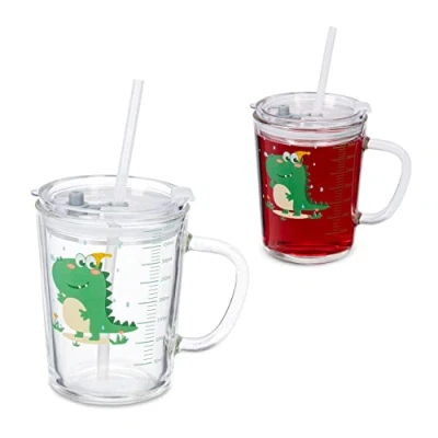 Afbeelding van Relaxdays drinkglazen set van 2 dinosaurus limonadeglazen deksel kinderen
