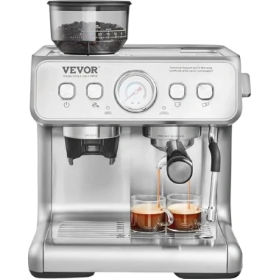 Image de VEVOR Machine à Expresso avec Broyeur, Cafetière Semi automatique 15 bars Mousseur Lait, Réservoir d&#039;Eau Amovible et Manomètre pour Cappuccino, Latte, Machiato, Système de Contrôle PID