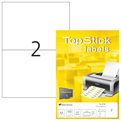 Afbeelding van TopStick 8718 universele etiketten A4 groot (210 x 148 mm, 1000 vellen, papier, mat) zelfklevend, bedrukbaar, permanent klevend adresstickers, 2000 etiketten, wit