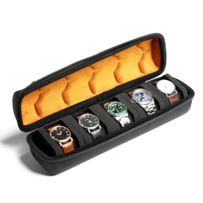 Afbeelding van AUKURA Harde reisetui voor horloge, 5 vakken, ritssluiting, dames en heren, met anti bewegingskussen (zwart microvezelvoering)