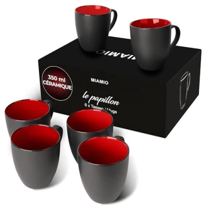 Afbeelding van MIAMIO 6 x 350 ml aardewerk koffiemokken / beker set (zwart rood)