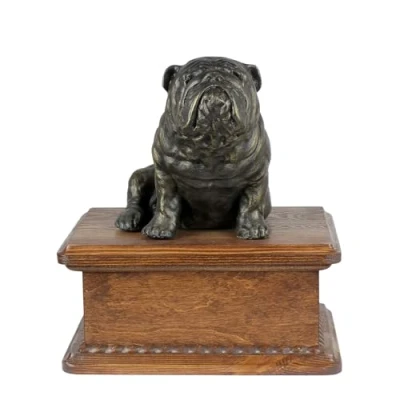 Afbeelding van Persoonlijke houten urn hond voor Engelse Bulldog met beeldje hondenas.
