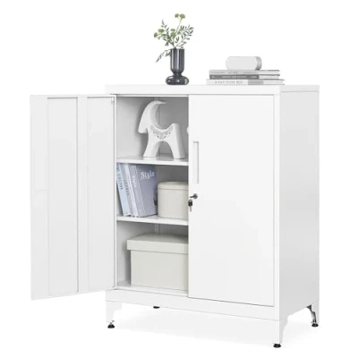 Afbeelding van SONGMICS Multifunctionele archiefkast, bureaukast met 2 deuren, afsluitbare kast, opbergkast, staal, voor kantoor, woonkamer, mat wit OMC013W01