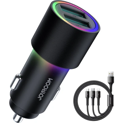 Afbeelding van Joyroom autolader met 24W/4.8A 2 USB A poorten en 3 in 1 oplaadkabel