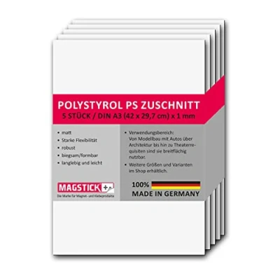 Afbeelding van 5 stuks witte piepschuimplaten DIN A3 van kunststof PS, 29,7 x 42 cm, 1 mm dik, voor doe het zelf modelbouw en architectuur mag_262