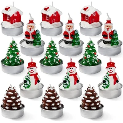 Afbeelding van THE TWIDDLERS 15 Mini Kerst Theelichtkaarsen, 5 Ontwerpen, 5x4cm Kersttafeldecoratie, Cadeau voor Familie en Vrienden