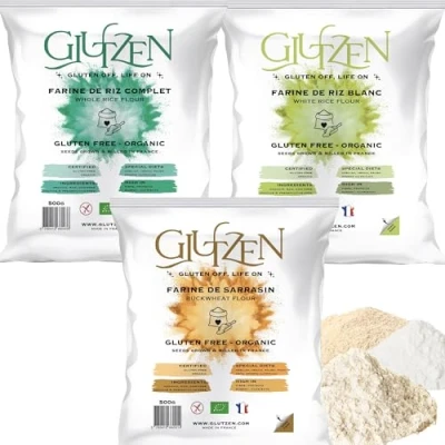 Afbeelding van Glutenvrij biologisch GLUTZEN meeltrio. 1x boekweitmeel, volkorenrijstmeel, wit rijstmeel. Coeliakie, Veganistisch, Keto, Paleo, Allergeenvrij, Proteïne, Sportief. (3 x 500 g)