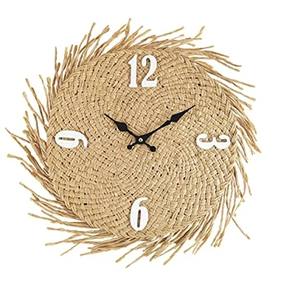 Afbeelding van Rebecca Mobili Wandklok, Mdf Stro Wandklokken, Beige, Rustieke Stijl, Keuken Woonkamermeubilair Afmetingen: 45 x 4,5 cm (HxBxD) Art. KONING 6593