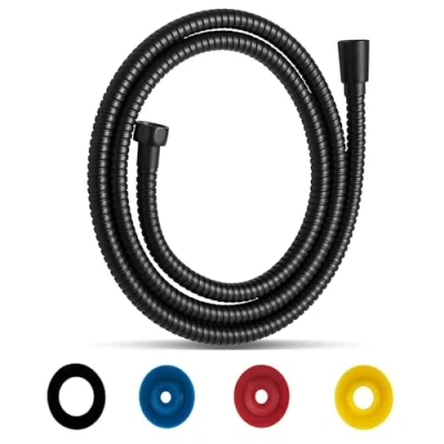 Afbeelding van Zwarte roestvrijstalen doucheslang, 1,5 m, knikbescherming, universeel, flexibel, standaard aansluiting 1/2 inch met 4 waterbesparers, past op alle douchekoppen