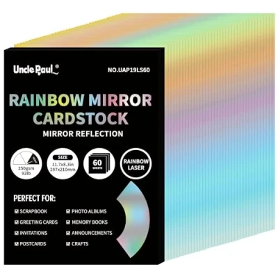 Afbeelding van UAP19LS60 60 vellen regenboog spiegeleffect A4 karton 250 g/m² om te knutselen, gekleurd laserkarton voor verjaardag, bruiloftsfeestdecoratie
